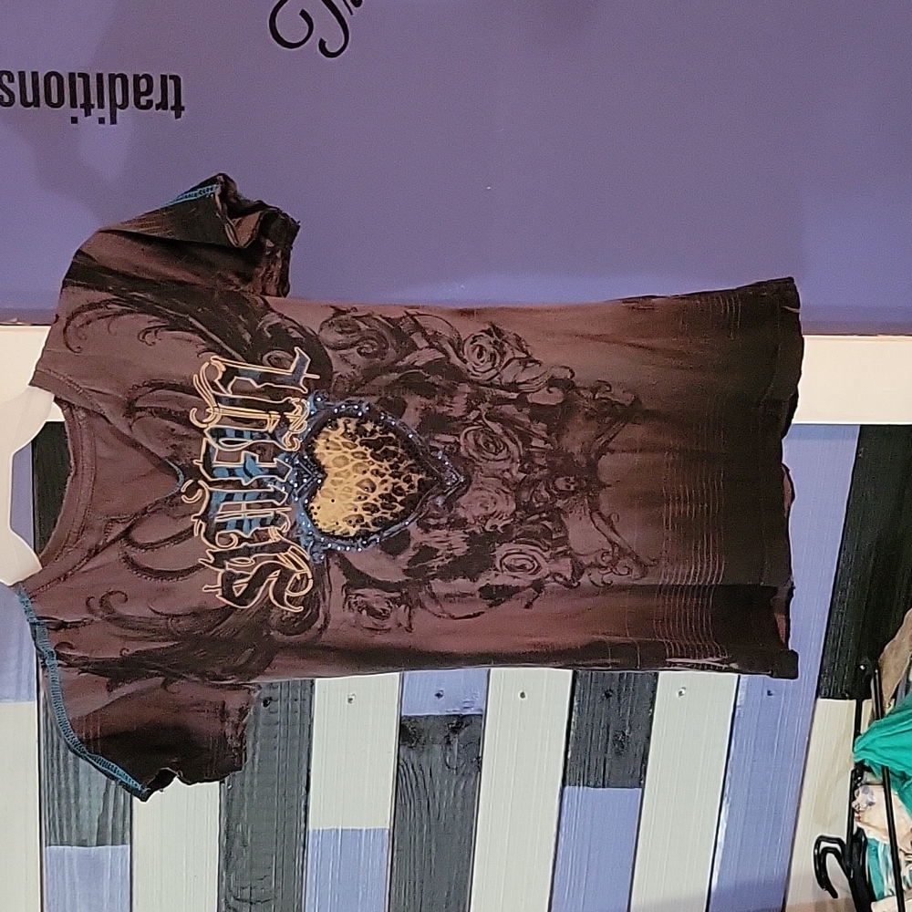 Distressed black and blue Sinful Affliction shirt.